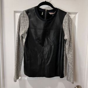 REBECCA TAYLOR Leather & Grey Knit Long Sleeve Top - Edgy Casual Wear-SZ‎ XS